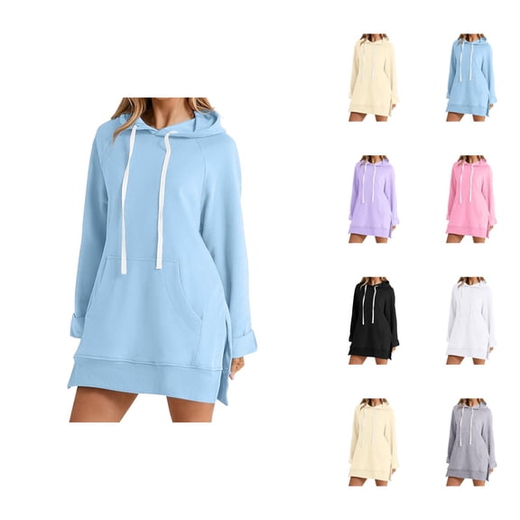 Hoodie Dress for Women 2026 Fall Winter Casual Long Sleeve Side Slit Hem Hooded Sweatshirt Dress with Pockets Pullover Top