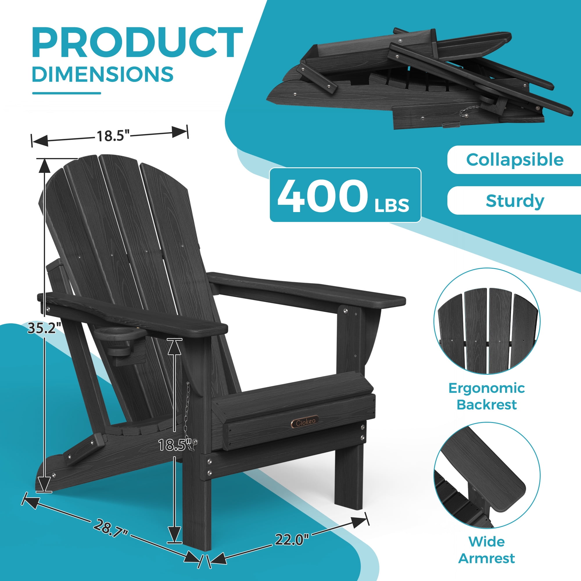 Ciokea Wood Adirondack Chair Folding Outdoor Patio Chairs Fire Pit with Cup Holder Pool Porch Garden Black