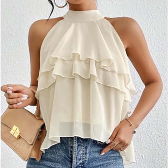 Hxshgdsn Womens Layered Ruffle Hem Tank Tops Sleeveless Halter Blouse For Ladies Party Vacation Beige Xl