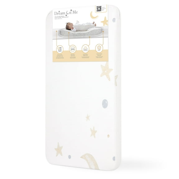 Dream On Me Moonlight Bright Mini/Portable Crib Mattress in White/Blue (Stars, moon, planets)