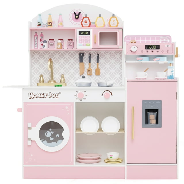 Honeyjoy Kids Kitchen Set Wooden Kitchen Playset with Clock, Microwave, Sink, Dish Rack Pink
