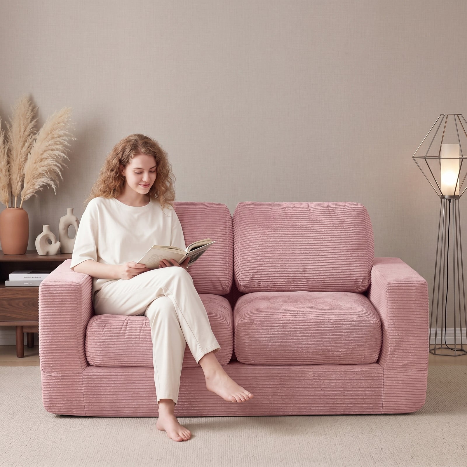Furnibear 2-Seater Floor Couch Loveseat, Convertible Foam Sofa Lazy Couch with Removable Corduroy Cover, High-Density Sponge Filled Sofa Bed for Living Room, Pink