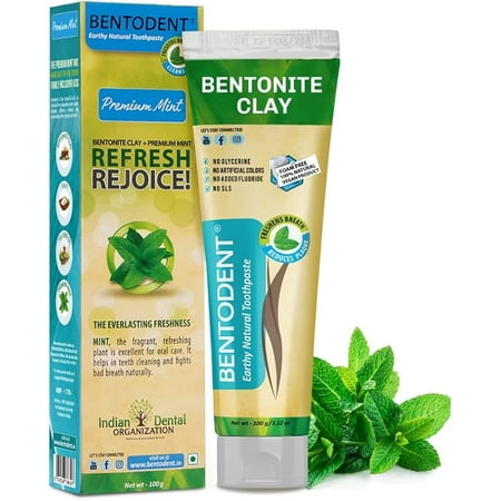 BENTODENT Calcium Bentonite Clay Natural Toothpaste - Fluoride Free, SLS Free, Cruelty-Free, Vegan, Organic, Remineralizing, Freshens Breath, and Gentle Whitening - Adult & Kids (Mint)
