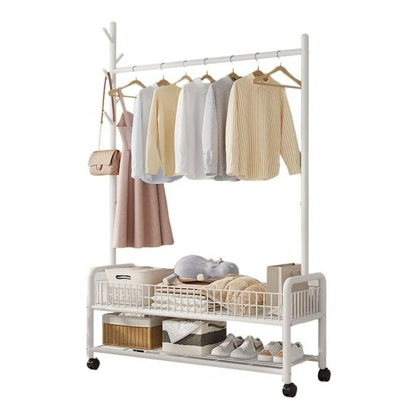 Practiksa Rack Perchero Metalico Reforzado Movil Doble Estante para Ropa Color Blanco