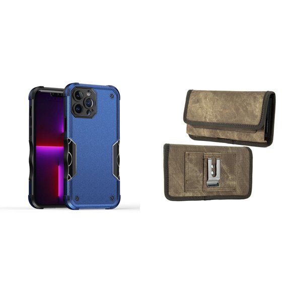Case with Belt Holster Bundle for iPhone 14 Pro Max: Slim EX Hybrid Series Shockproof Case (Blue) and Rugged Denim Nylon Phone Pouch (Tan Brown)