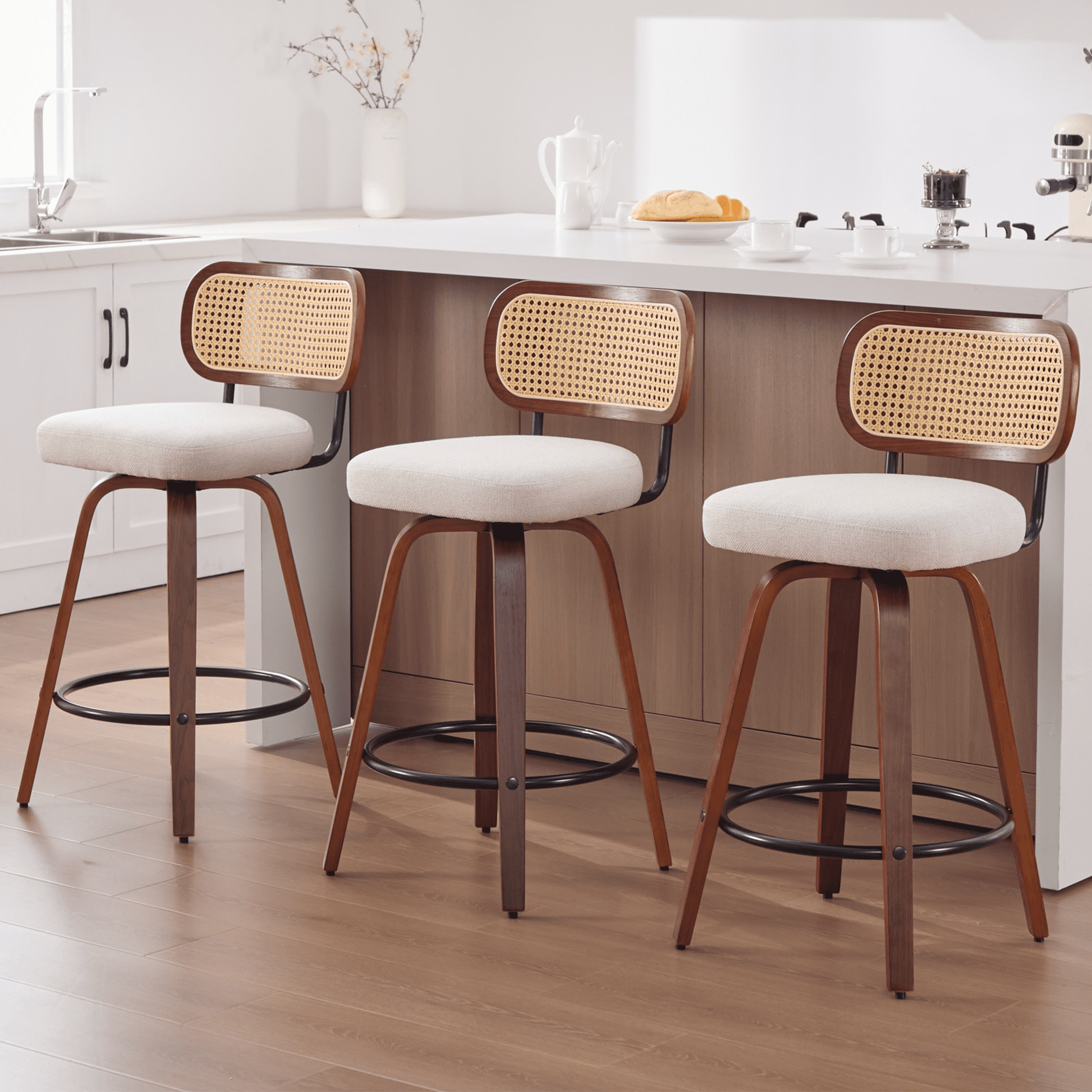 LEGAHOME Swivel Bar Stools Set of 3, 26” Upholstered Counter Height Bar Stools with Cane Rattan Back and Wood Legs, Mid-Century Modern Bar Stools for Kitchen Island, 300 LBS, Walnut + Beige