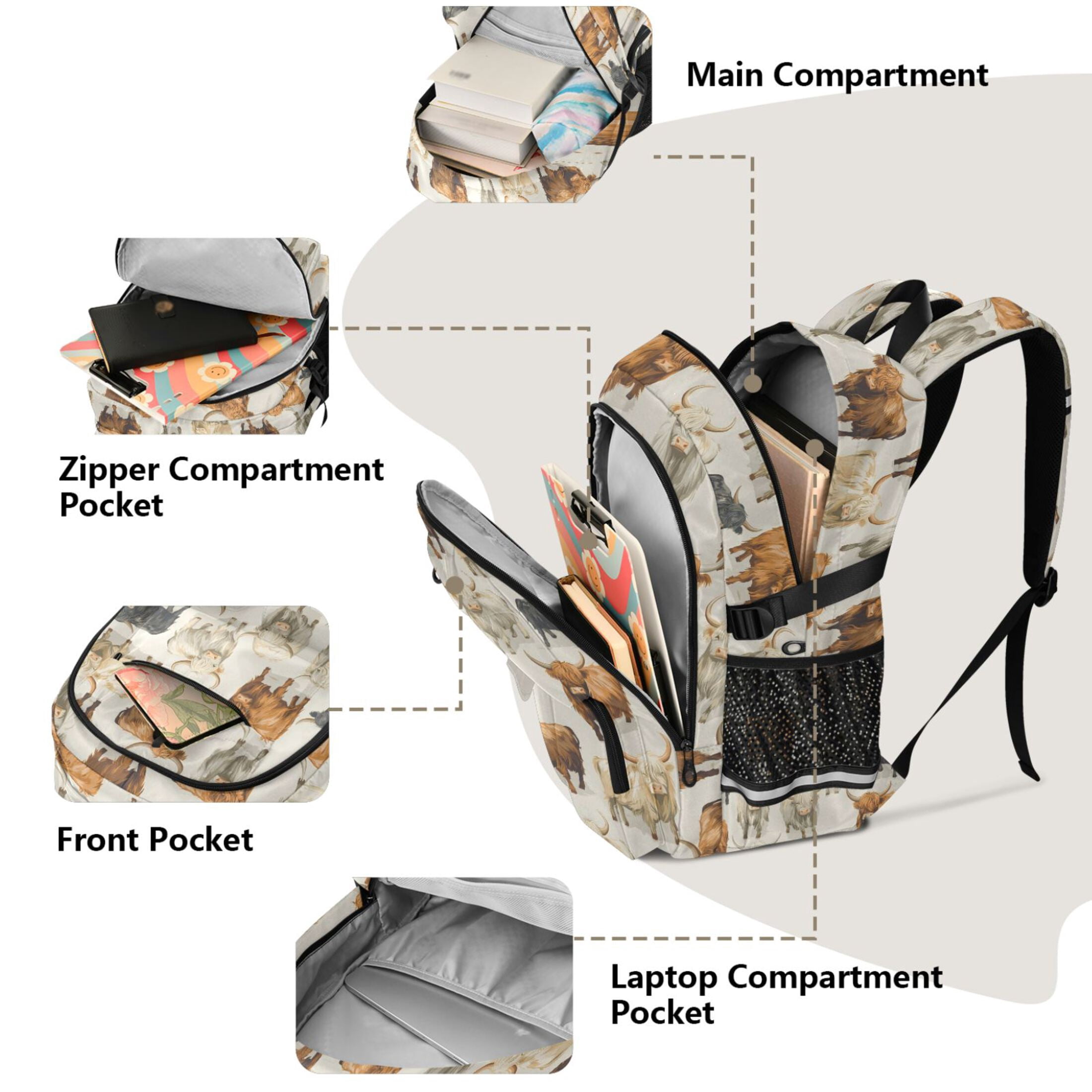 ALAZA Highland Cows Print Student Backpack School Bookbag Large Laptop Daypack Travel Bag