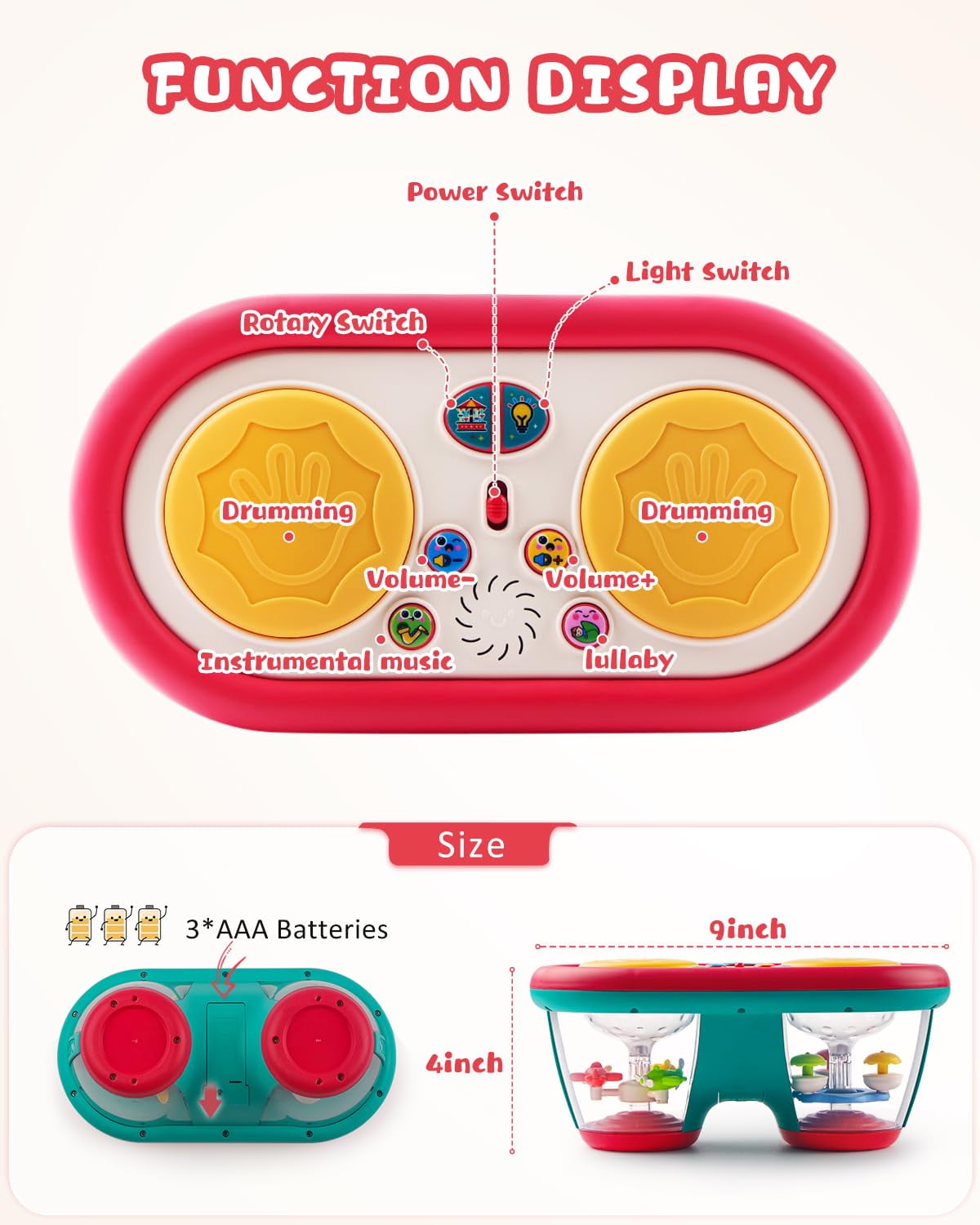 Style-Carry Baby Toys for 6-12 Months, Toddler Musical Instruments Toys, Rotating Light Up Learning Toys, Drum Toy for 1 Year Old Boys Girls