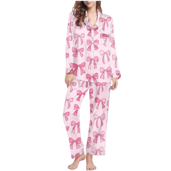 successthop Bow Pajamas Womens Long Sleeve Lapel Button Up Sleepwear and Pj Pant Comfortable Nightwear with Pockets Pink