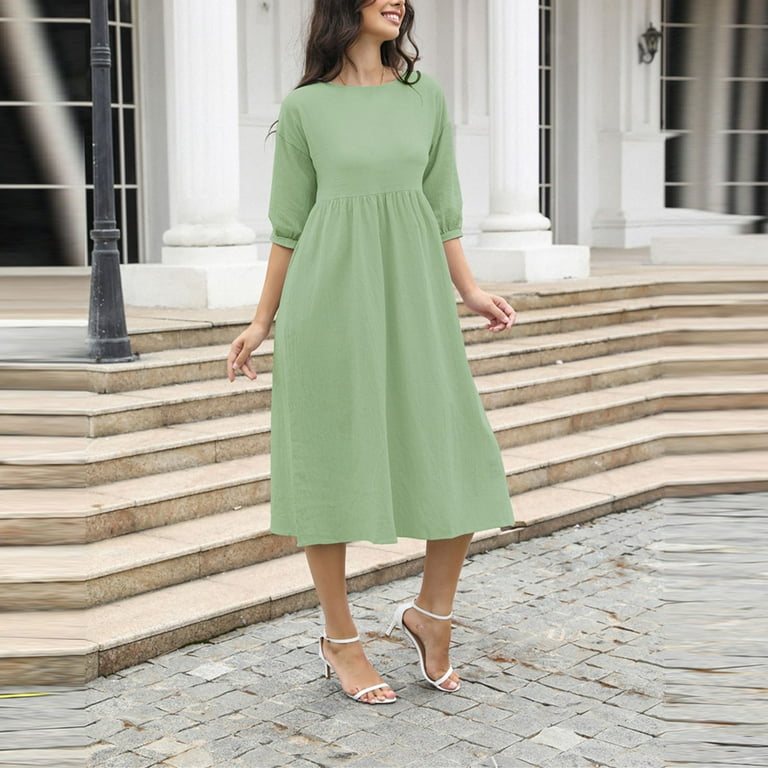 Women s Cotton Linen Dress Casual Mid Sleeve Crewneck A Line Flowy Midi Dresses with Pockets Loose Lightweight Beach Vacation Dress