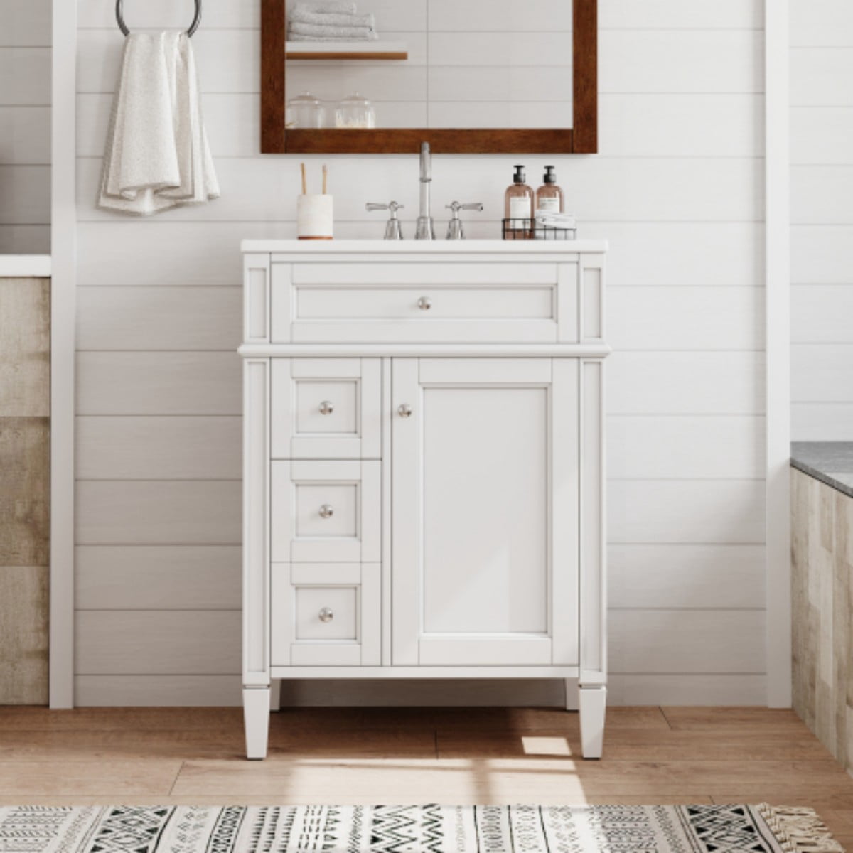 24" Bathroom Vanity with Sink, Modern Freestanding Bathroom Vanity Cabinet with Ceramic Sink, 3 Drawers & Tip-Out Drawer, Adjustable Shelf, Green Storage Cabinet, White