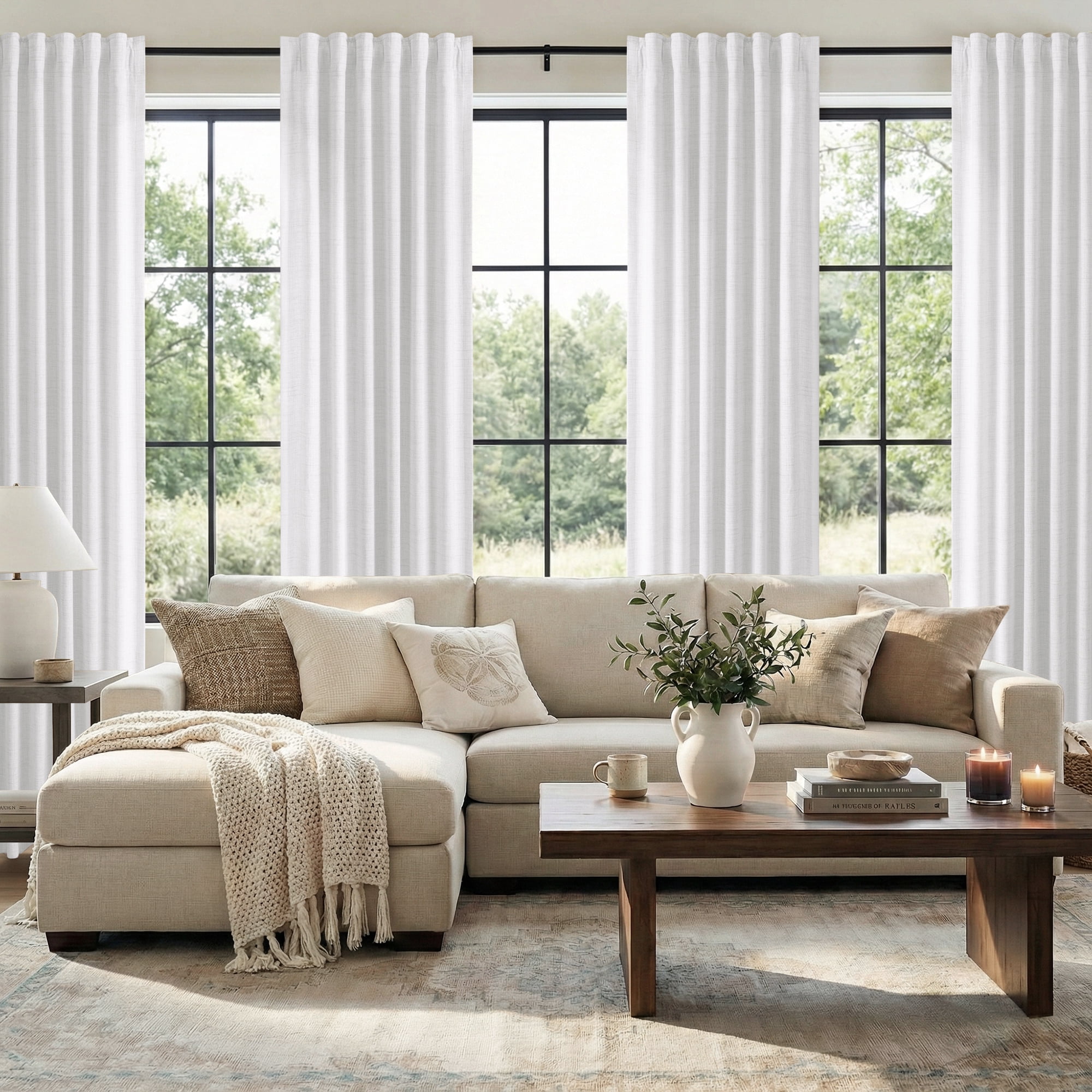 KoshiMe Faux Linen 100% Blackout Curtains for Living Room Bedroom,108 Inch Long Thermal Insulated Back Tab Window Curtains,BrightWhite