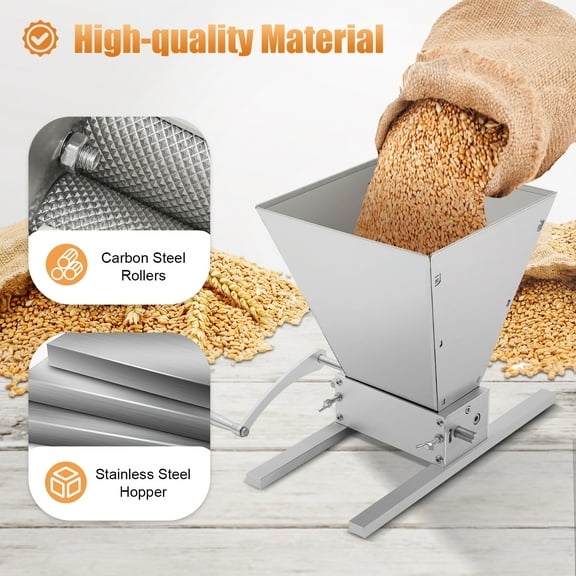 Stainless Steel & Carbon Steel Grain Grinder with 8.5" Hopper – Adjustable Roller Clearance (0-0.098"), 11lbs Load Bearing – for Barley, Wheat & Homebrewing
