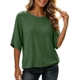 thumbnail image 2 of GERsome Women's Crew Neck 3/4 Sleeve Tops Loose Fit Basic T Shirts Polyester Blend Casual Work Tee Army Green Size XL, 2 of 10