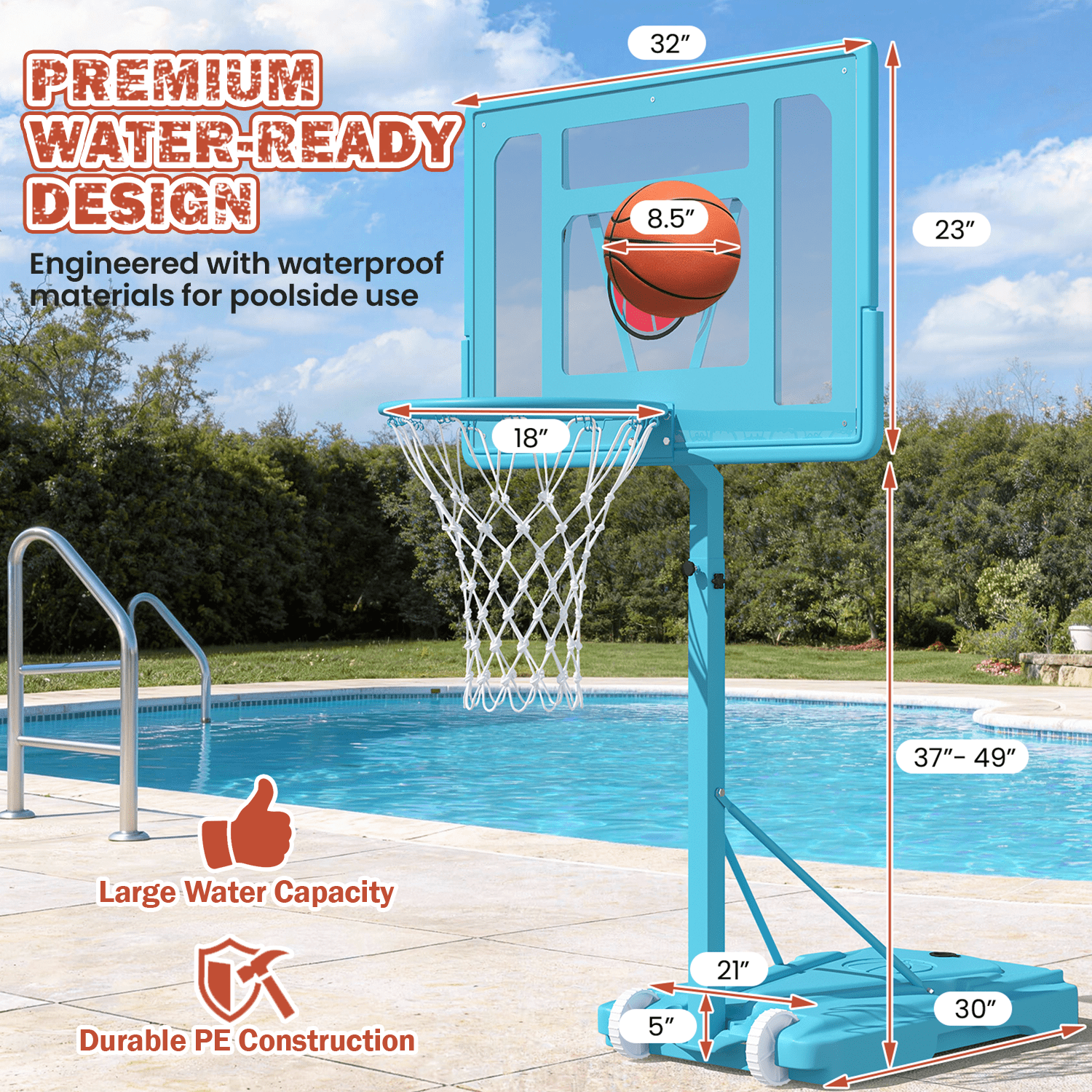 Bezliving 32“x23” Pool Basketball Hoop, 3.1FT-4.1FT Height Adjustable Poolside Basketball Hoop,Include Air Pump,Basketball, Made for Teens, Adults, Blue