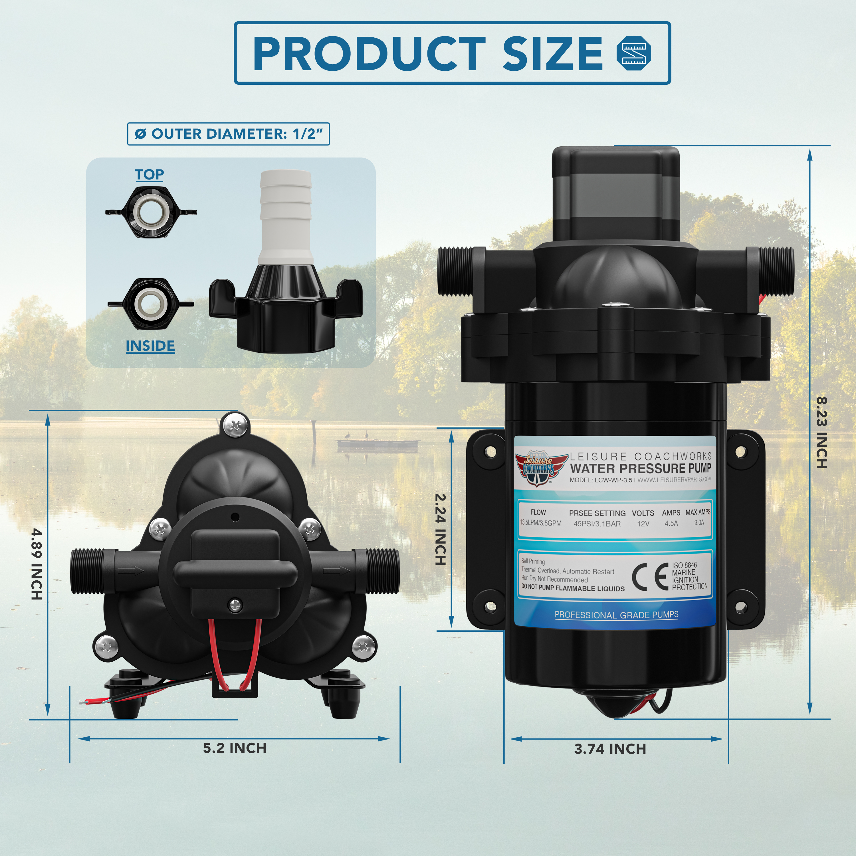Leisure Coachworks Fresh Water Pump, 12V DC Self Priming Diaphragm Water Pump, 3.5 GPM with Adapters, Strainer Filter for RV, Yacht, Garden, Camper