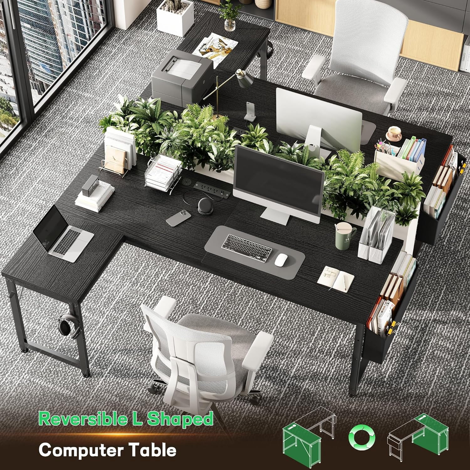 63" Larger L Shaped Desk for 2 monitors or 2 laptops, Reversible Computer Desk with Power Outlets and USB-C Port, Gaming Desk with LED, 0.95" Thicker Office Corner desk for Study, Work Black