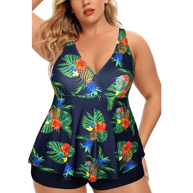 Kawell Plus Size Tankini Swimsuits for Women Blouson Tankini Tops with Swim Shorts Two Piece Bathing Suits