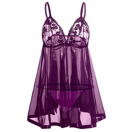 

iOPQO Intimates underwear women y Plus Size Lingerie Lace Bow Nightwear Sleepwear Pajamas Nightwear S-6XL Purple XXXXL