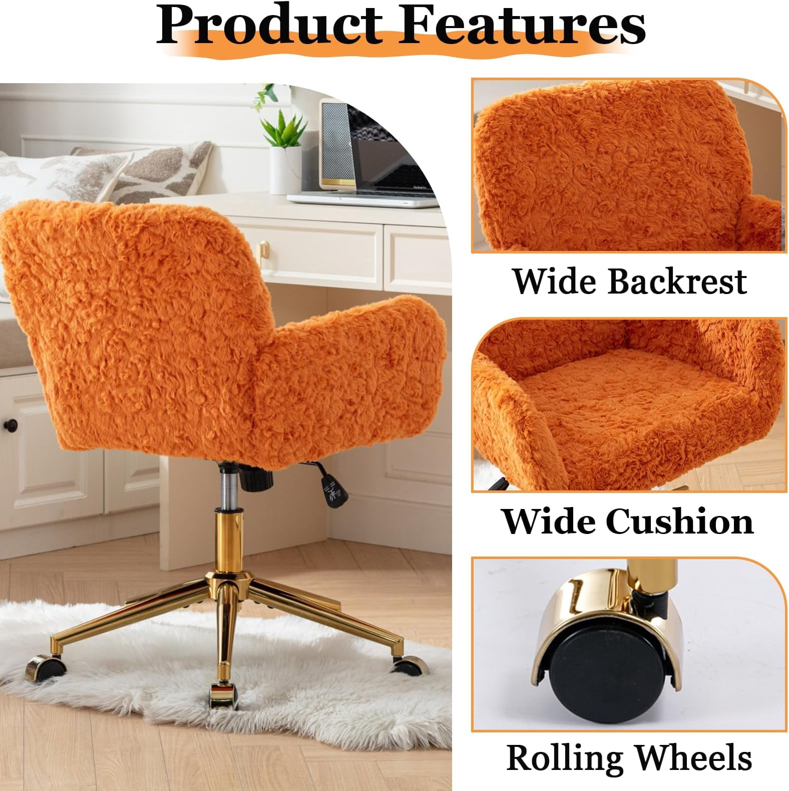 KISRAIS Furry Cute Office Chair, Modern Swivel Desk Chair with Wheels, Adjustable Makeup Vanity Chairs with Back, Upholstered Rolling Chairs for Vanity Makeup Room Study Indoor