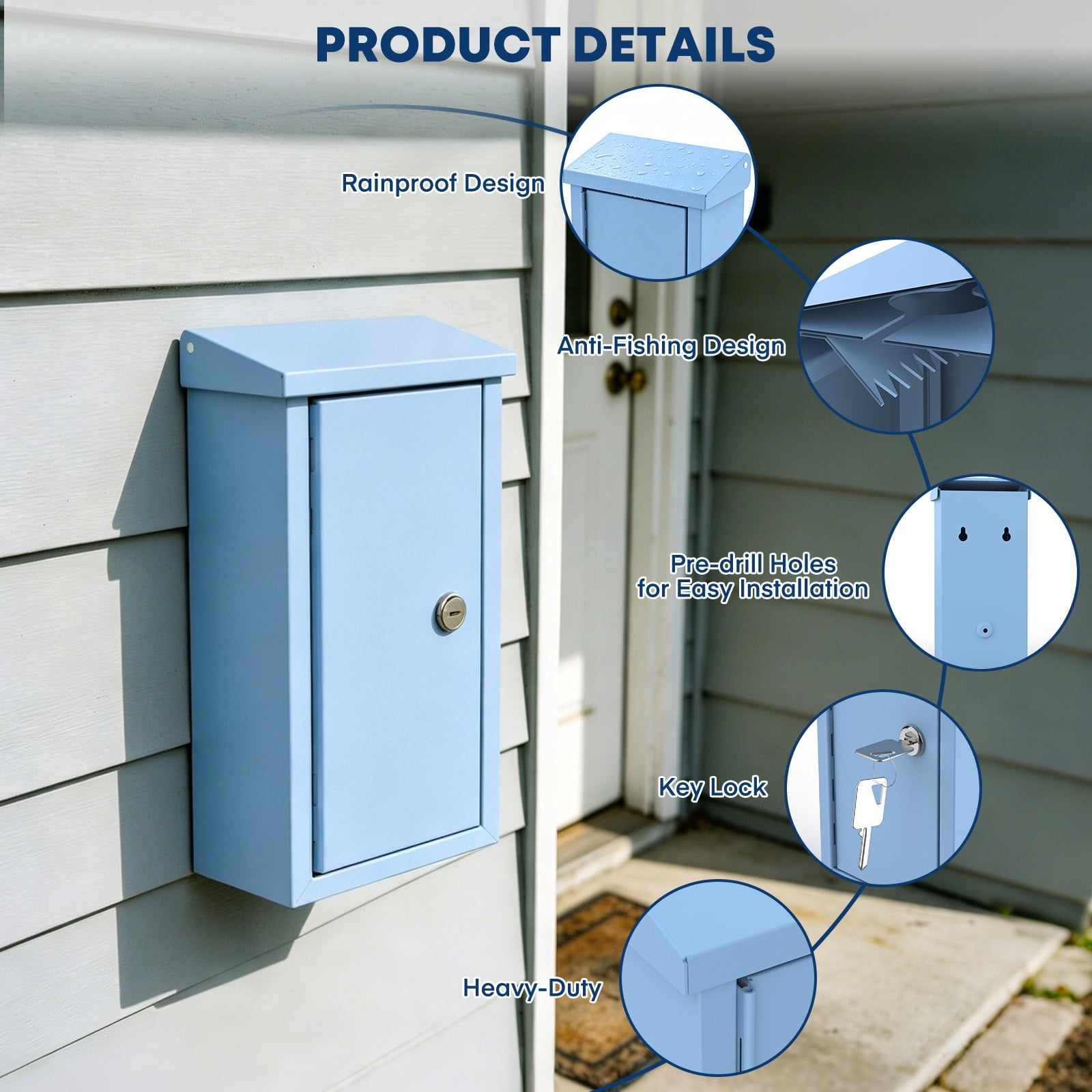 Pochar Money Cash Key Drop Box Wall Mount with Key, Metal Donation and Suggestion Box with Slot and Lock for Home, Office, 10.24" x 5.7" x 2.95" (Blue)