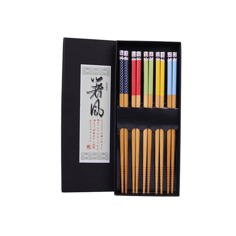Hot Reusable Lucky Cat Pattern Japanese Style Bamboo Chopsticks Set 5 Pairs 