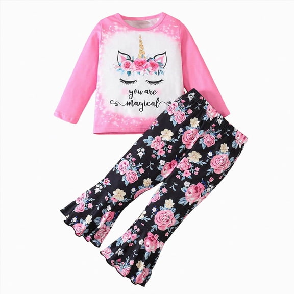 yboeqw Girls Girls Outfit Sets 2-8 Years Kids Fall Soft Clothes Casual Long Sleeve Graphic Print T Shirts and Pants 2 Piece Clothes,Size 4-5 Years