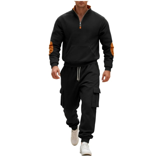 RXMEKW Men's Solid Color Long Sleeve Pullover Hoodie, Stand-Up Collar with Elastic Waistband and Drawstring Sweatpants Set