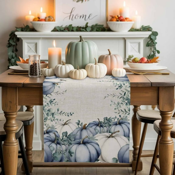 Fall Blue White Pumpkin Table Runner, Autumn Thanksgiving Kitchen Dining Table Decoration for Home Party Decor 13x72 Inches