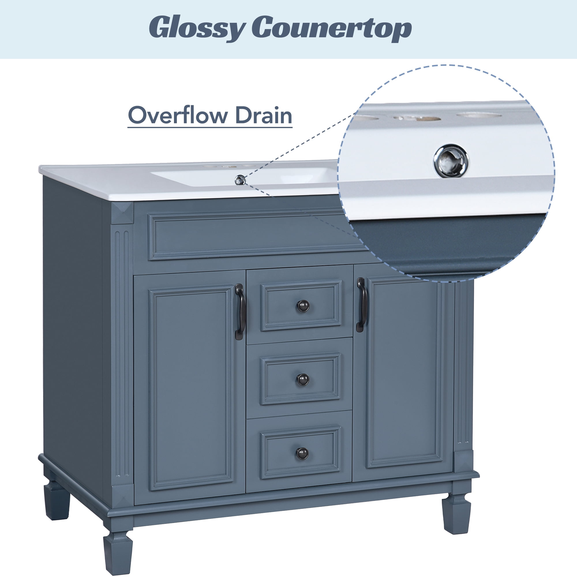 EUROCO 36" Bathroom Vanity with Top Sink, Royal Blue Mirror Cabinet, Modern Bathroom Storage Cabinet with 2 Soft Closing Doors and 2 Drawers, Single Sink Bathroom Vanity