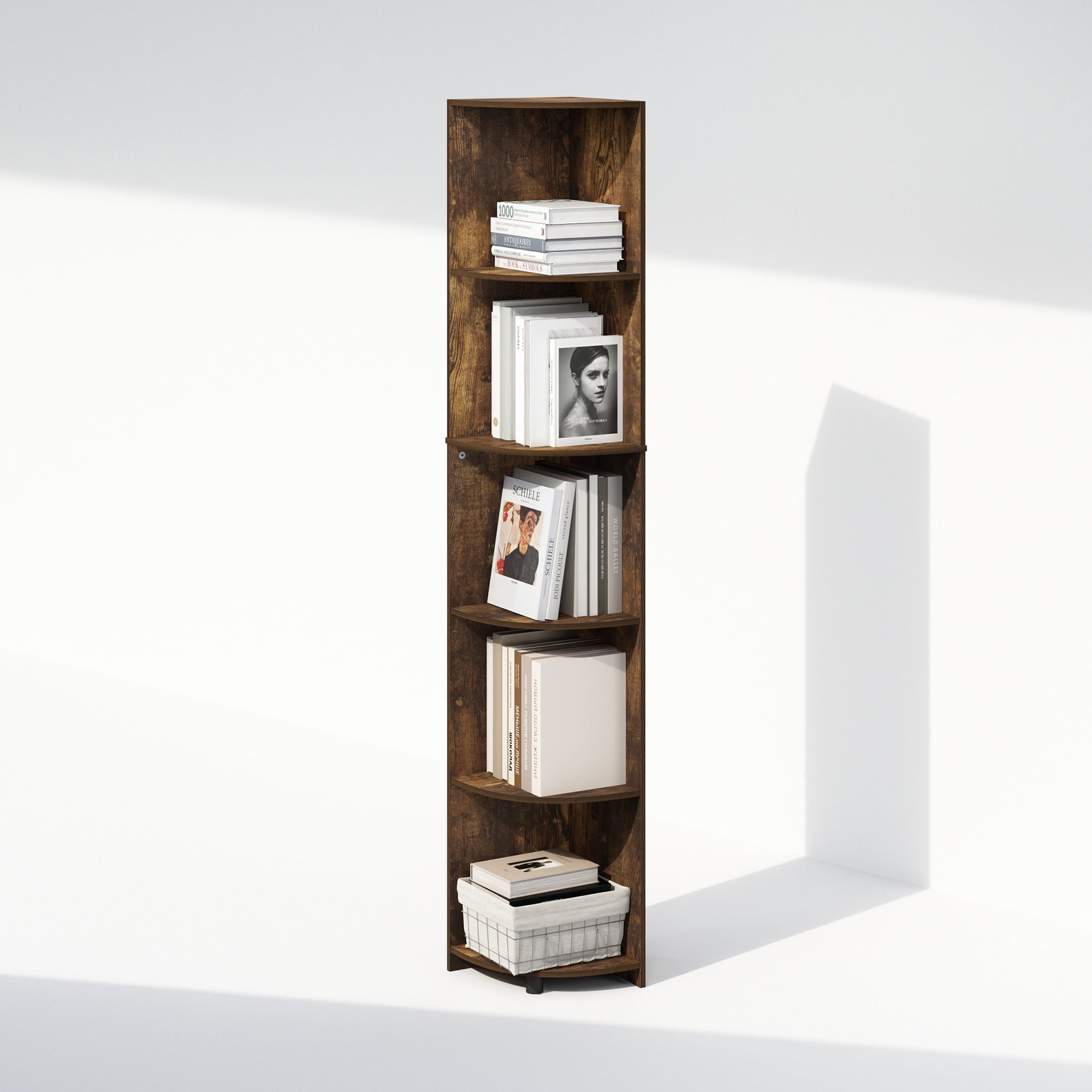 Furinno Basic 5-Tier Corner Multipurpose Standing Shelf, Amber Pine