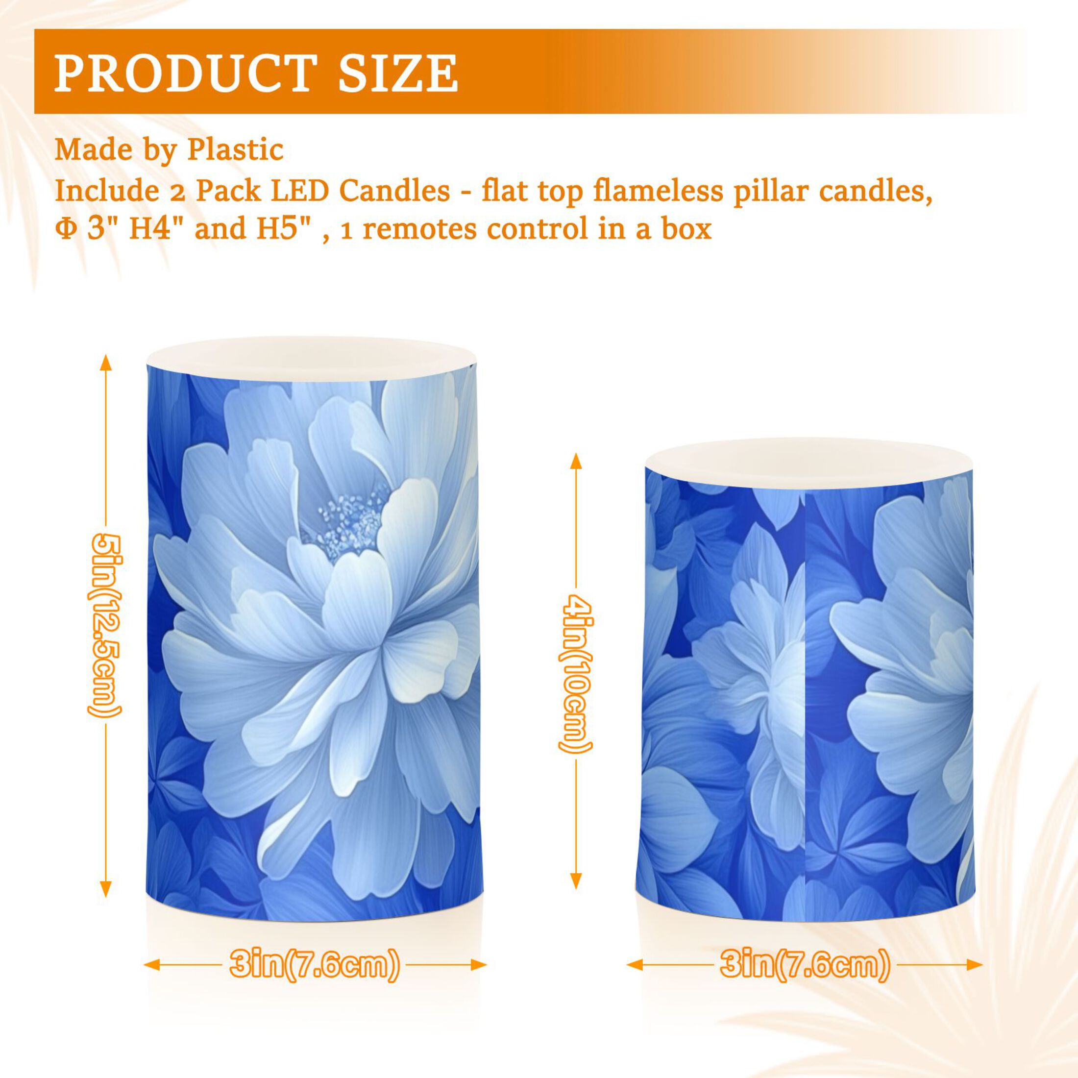 Elegant Blue Flower Flickering Flameless Candles Battery Operated with Remote Timer LED Pillar Candles Set of 2