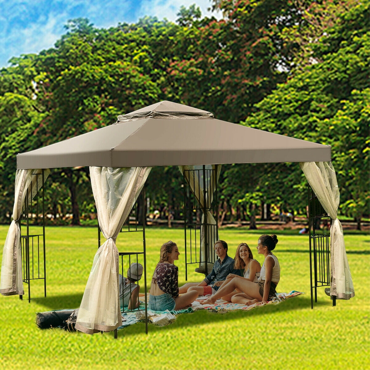 Costway 10 x 10 ft Square Brown Semi Permanent Gazebo