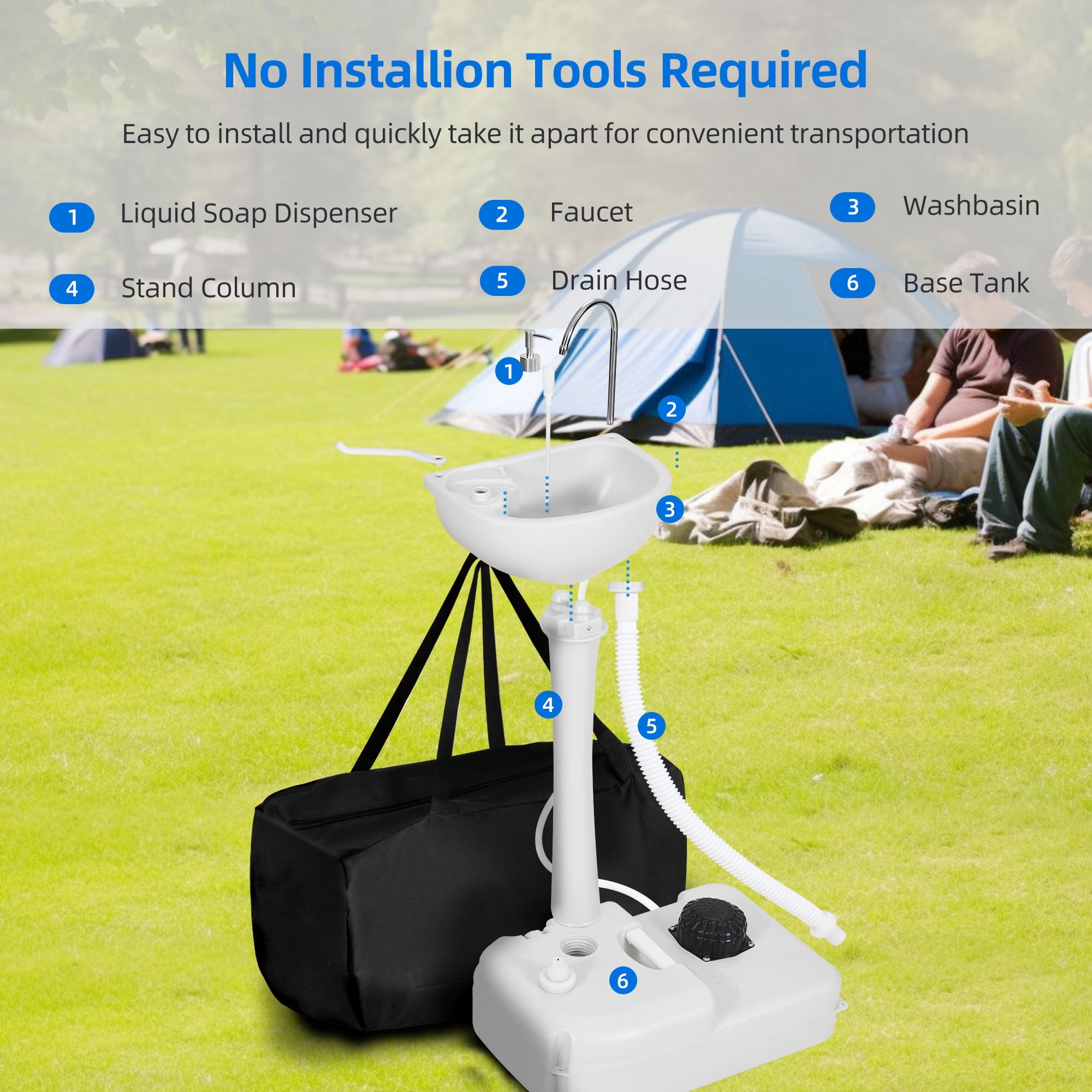 Dextrus 17L Portable Camping Sink, with Towel Holder & Soap Dispenser, Rolling Wheeled Hand Wash Basin Stand and Carry Bag for Outdoor Events Toilet, Gatherings, Worksite