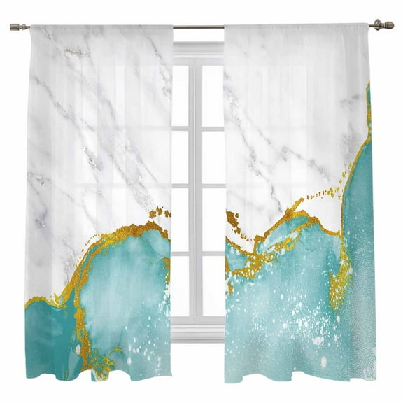 Teal Gold Marble Sheer Curtains 63 inches Long, Abstract Wave Modern Luxury Light Filtering Sheer Window Curtains Rod Pocket Voile Drapes for Bedroom Living Room, 52"W x 63"L 2 Panels