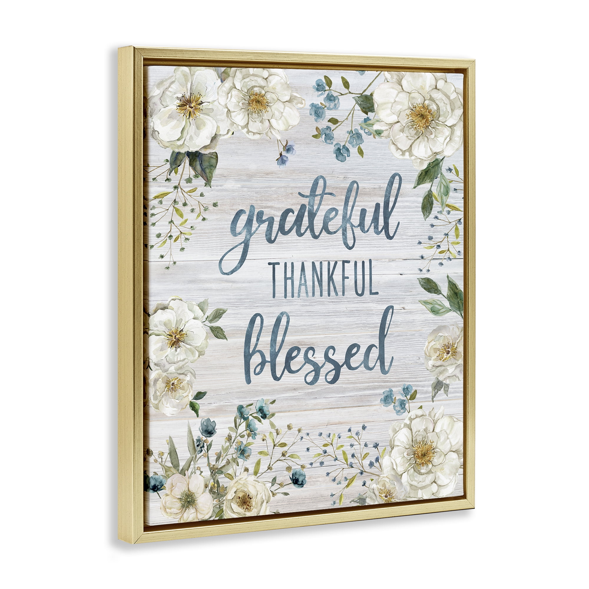 Stupell Industries Floral Gratitude Phrases Plants & Flowers Painting Gold Floater Framed Canvas Art Print Wall Art, 25 x 31