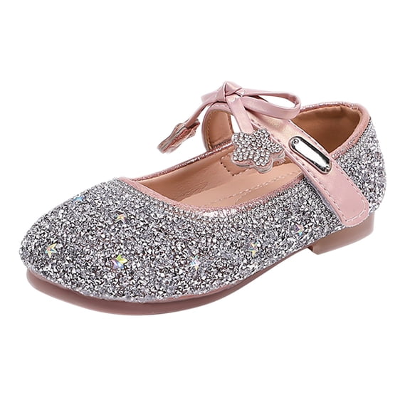 GiLiling Girls Mary Jane Flats, Sparkly Glitter Rhinestone Adjustable Bow Ankle Strap, Non-Slip Sole Casual Dressy Footwear (Pink, 4.5-5 Years)