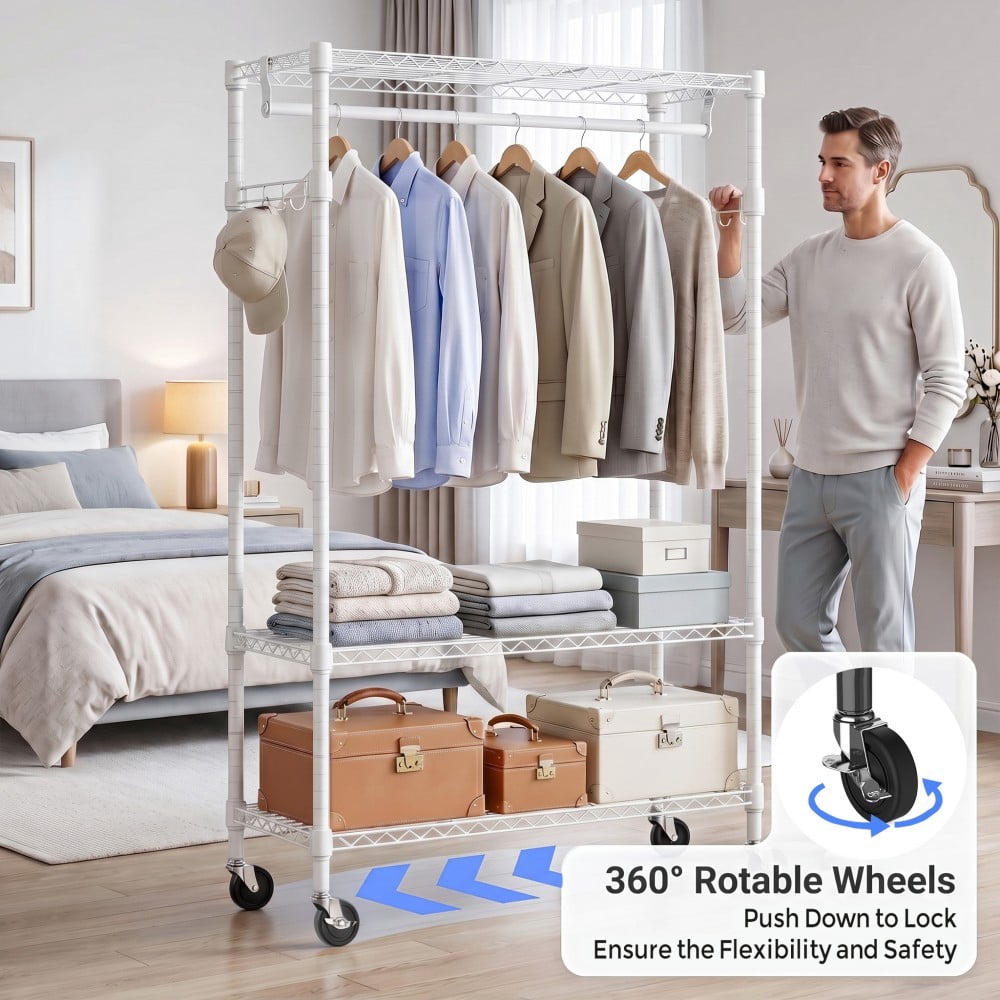 Heavy Duty Rolling Garment Rack, 3-Tier Adjustable Wire Shelving Clothes Rack with Hanging Rod, Side Hooks & Lockable Wheels, White