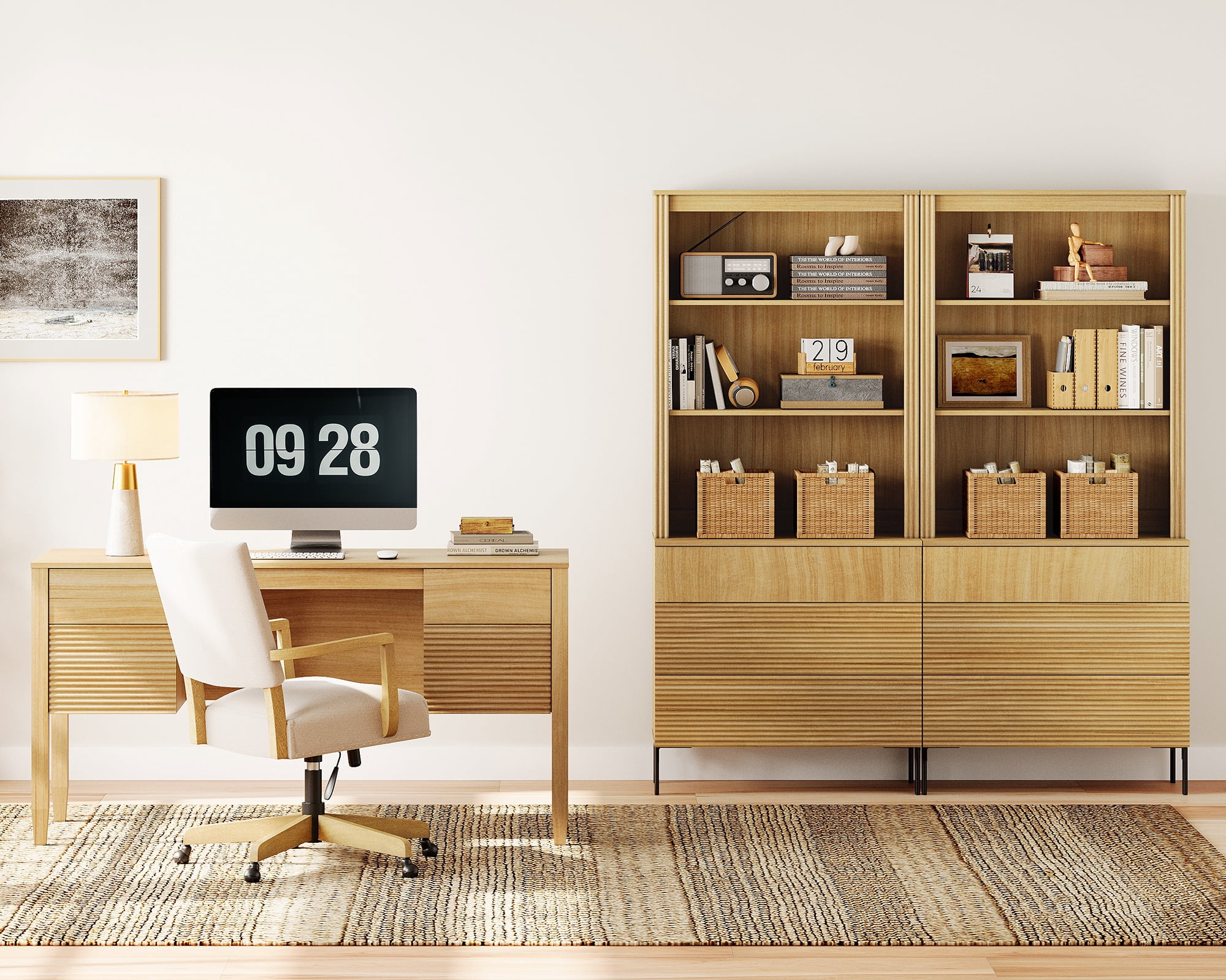 WAMPAT 3 Piece Home Office Furniture Set, 58" Writing Desk with 71.5" T Bookcase, Bookcase with 6 Drawers, Adjustable Shelves, Modern Fluted Wood Office Furniture for Home Office, Study Room, Bedroom