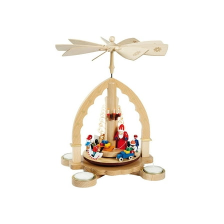 German christmas pyramid Santa giving out X-mas presents, height 27 cm / 11 inch, natural with tealights, original Erzgebirge by Richard Glaesser Seiffen