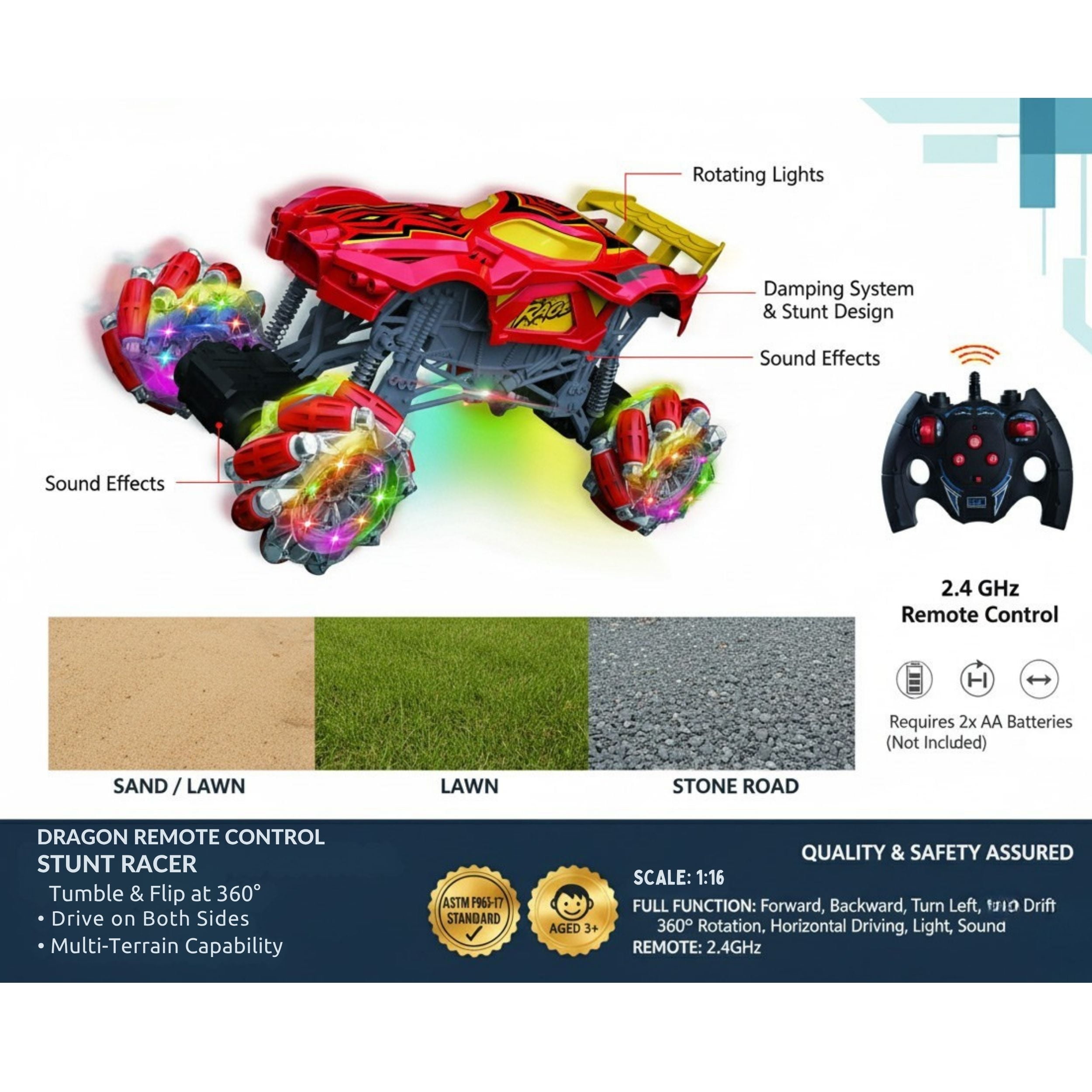 Remote Control Monster Truck 1:16 Scale – 2.4 GHz Stunt & Drift RC Car with Light-Up Headlights, 360° Rotating Crawler for Kids