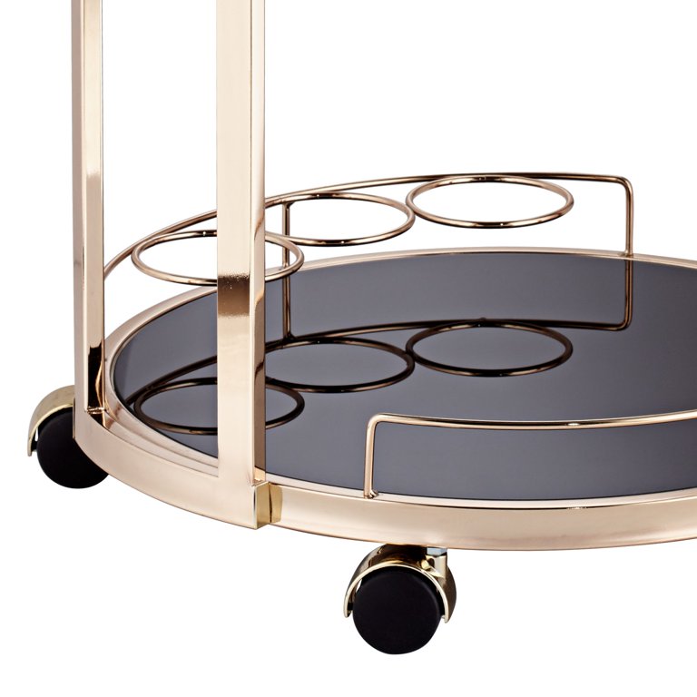 Treviso 19 Wide Black Glass and Gold Round Serving Bar Cart