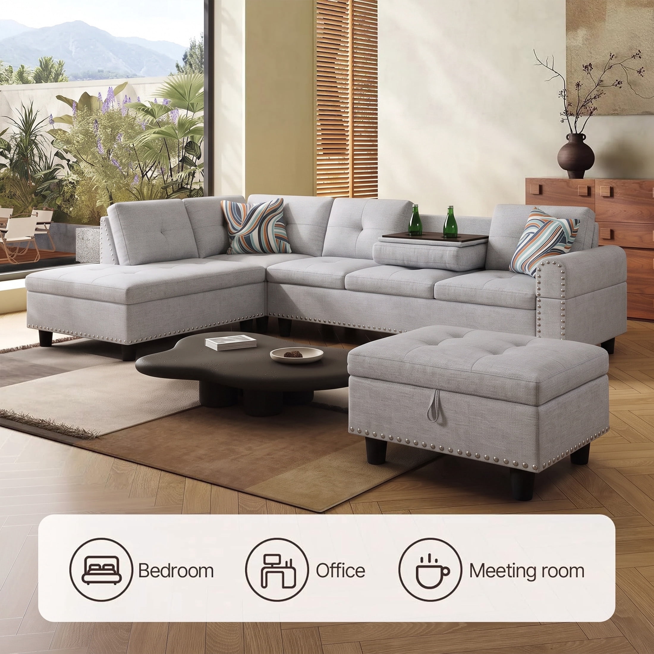 AENKYO 98" L-Shaped Sectional Sofa with Reversible Chaise, Storage Ottoman & Cup Holders, Flannel, Light Gray