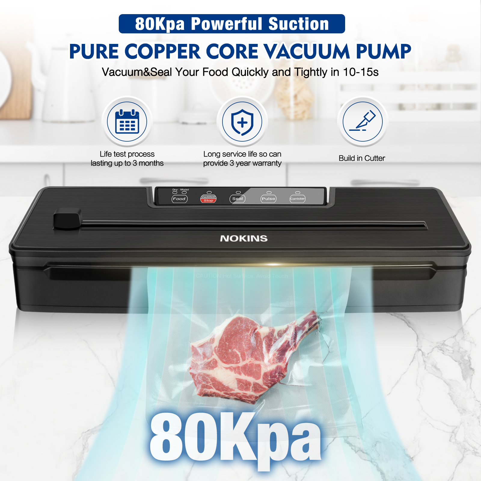 NOKINS 8-in-1 Food Vacuum Sealer Machine, Black, with Stainless Steel Surface and Detachable Drip Tray