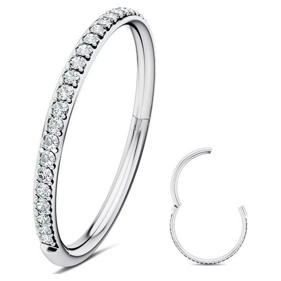 316L Surgical Steel Hinged Nose Rings Hoop with Zircon 16G Body Pierecing Ring Segment Clicker Lip Rings Cartilage Rook Diameter 6mm （Silver）