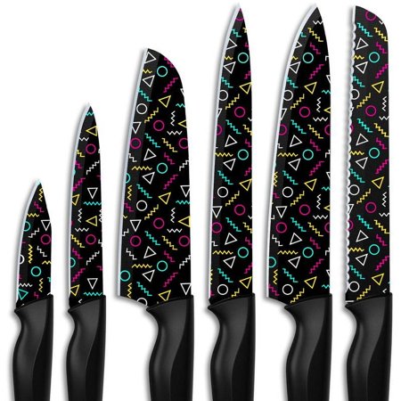 Astercook Paisley Knife Set - 6 Rust-Resistant Coated Stainless Steel Kitchen Knives with Dishwasher Safe Block & 6 Sheaths Springtok Multicolor