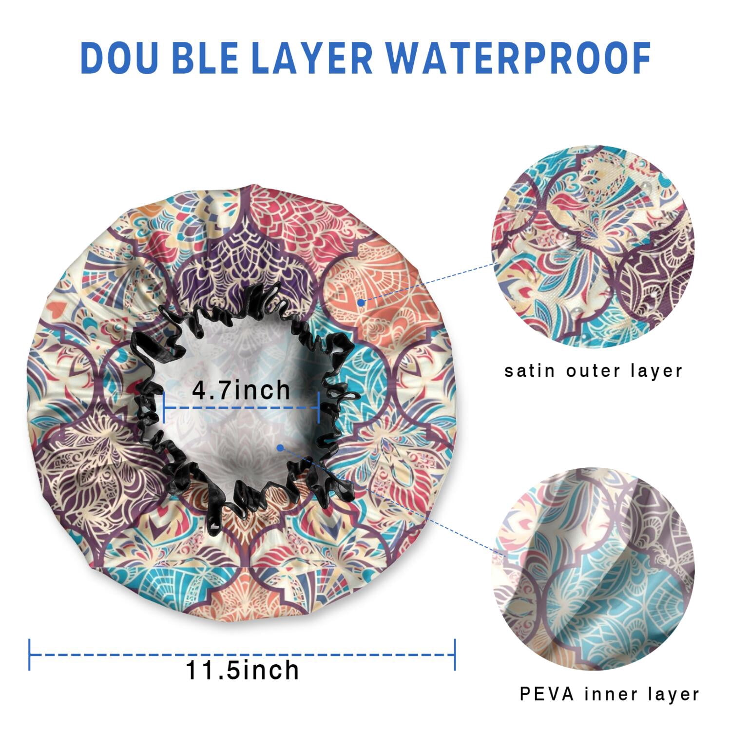 Shower Caps,Multicolor Ethnic Geometric Pattern Waterproof Shower Cap for Women 4 Pieces,Double Reusable Hair Cover for Shower PEVA Elastic Stretch Hem