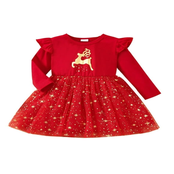 Newborn Infant Baby Girls Christmas Dress Red Deer Patterns Long Sleeve Sequins Tutu Party Dresses