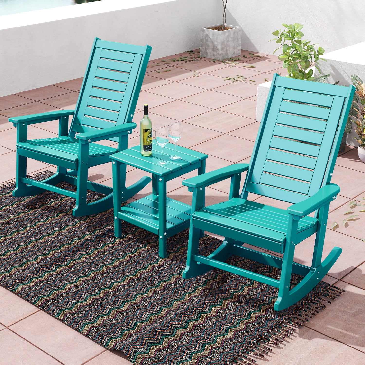 FODINGHILL Outdoor Rocking Chair Set of 4,HDPE Oversized Rocking Chair Outdoor,High Back Rocking Patio Chairs for Porch Garden Balcony,Aqua