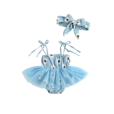 

EYIIYE Baby Girl Summer Suspender Daisy Print Mesh Yarn Jumpsuits with Headband Set